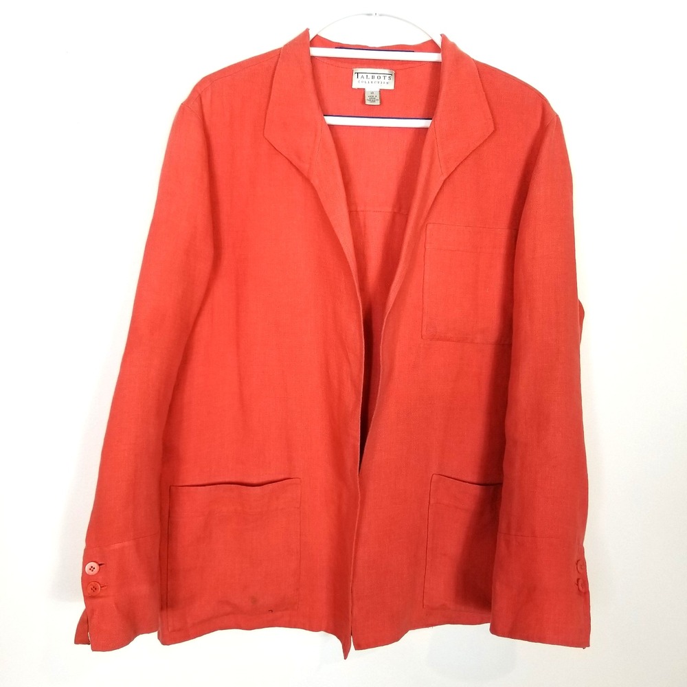 Talbots Collection Women Linen Blazer Jacket Sz 12 Open Front Pockets